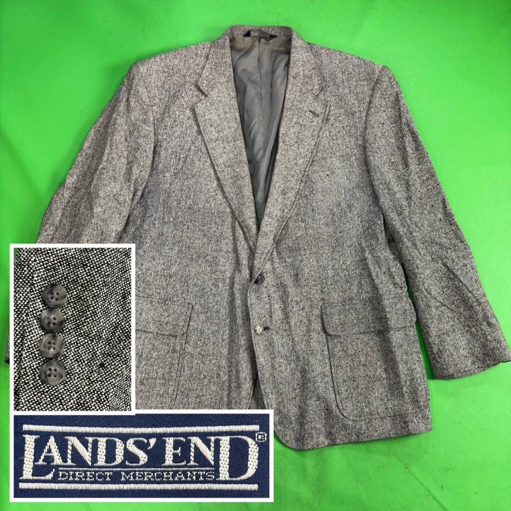 VTG 90s Lands End 100% Matka Silk Blazer Mens 48L Gray Herringbone Coat USA Made